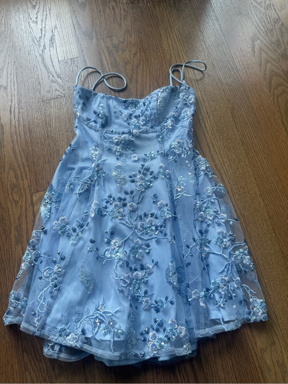 Lucy in the Sky Light Blue Floral Embroidered Spaghetti Strap Party Dress